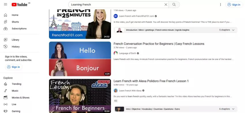 یادگیری زبان فرانسه از یوتیوب