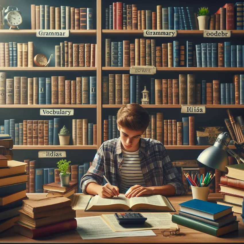 فردی در حال خواندن کتاب های زبان انگلیسی در کتابخانه