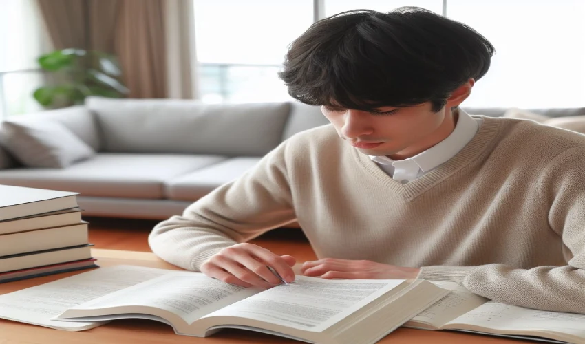 پسری که در حال خواندن کتاب های زبان است