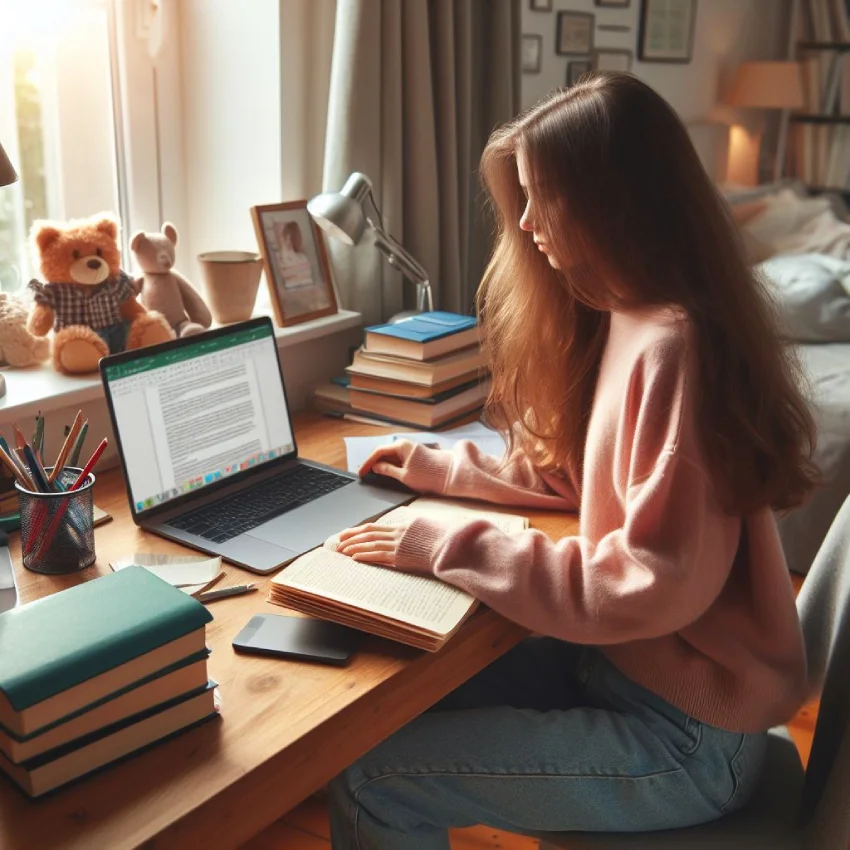 دختری که در اتاق خود نشسته و در کلاس آنلاین زبان انگلیسی شرکت کرده و مشغول انجام دادن تکالیف است