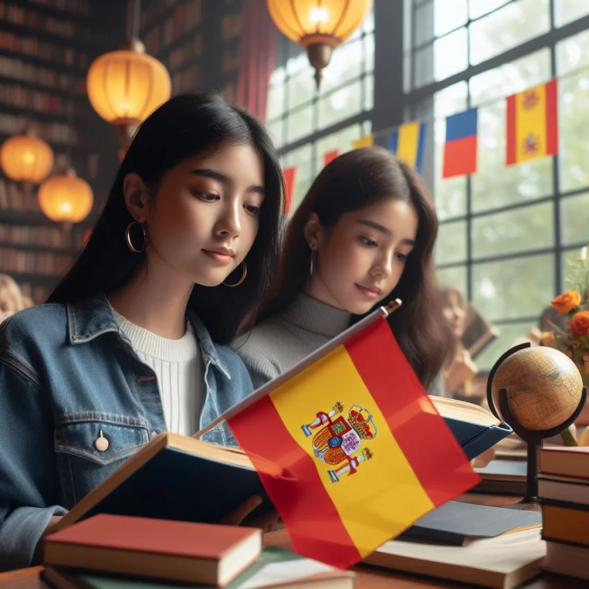 دو دختر که در کتابخانه نشسته و مشغول خواندن کتاب های یادگیری زبان اسپانیایی هستند