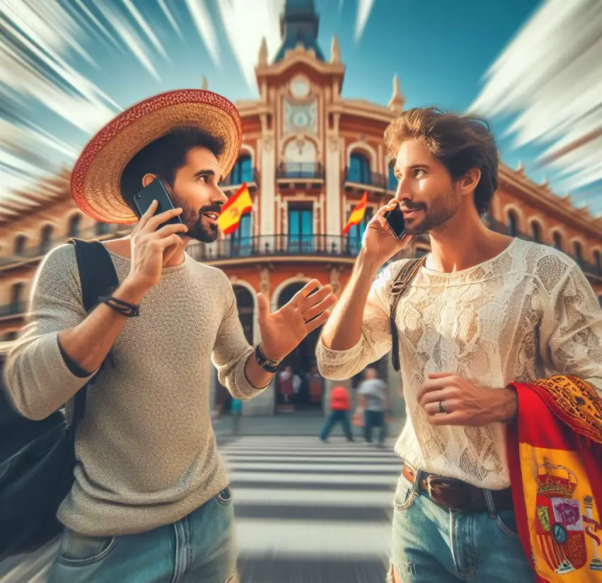 دو مرد در حال مکالمه به زبان اسپانیایی با تلفن همراه