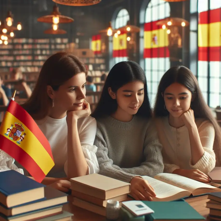 دخترهایی که در کتابخانه نشسته و مشغول خواندن کتاب های اسپانیایی هستند