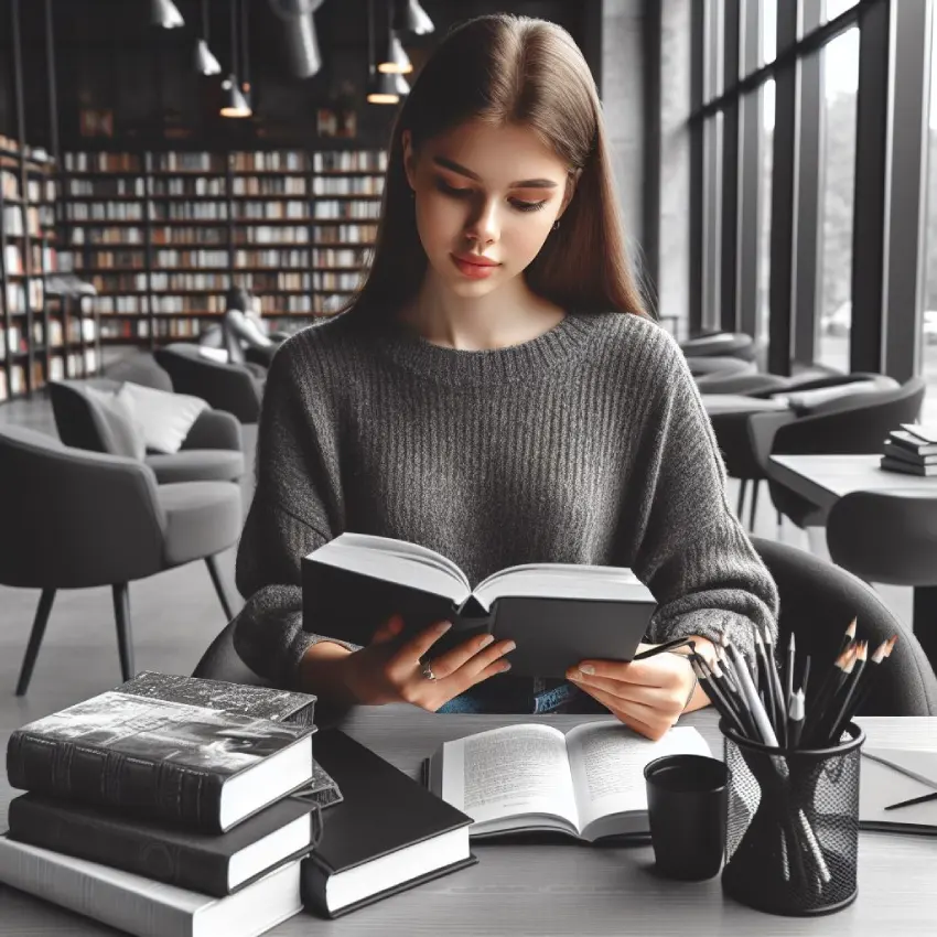 دختری در کتابخانه مشغول خواندن کتاب های انگلیسی