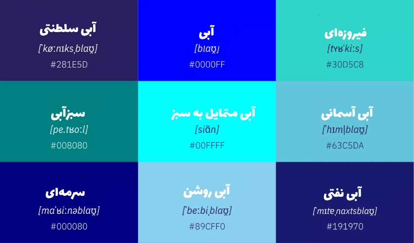 نام انواع رنگ های طیف آبی به زبان آلمانی