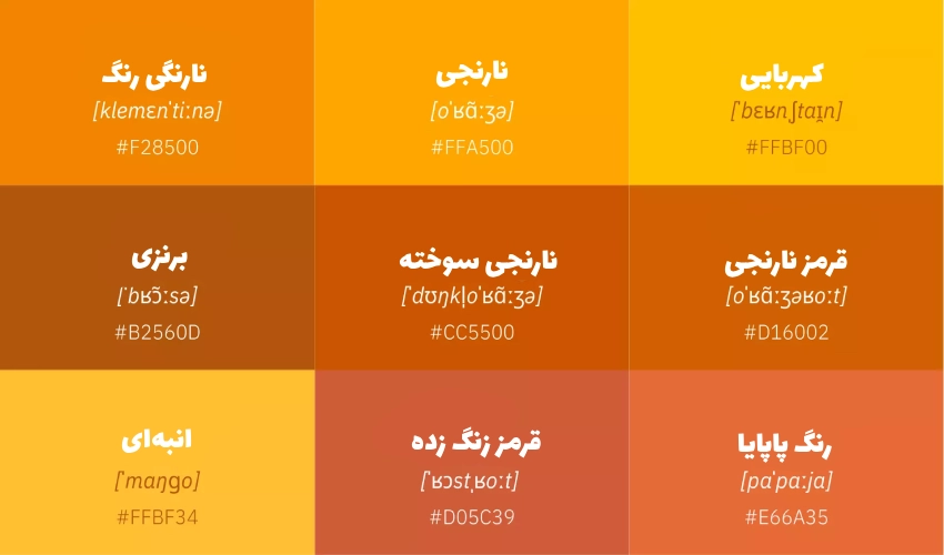 نام انواع رنگ های طیف نارنجی به زبان آلمانی