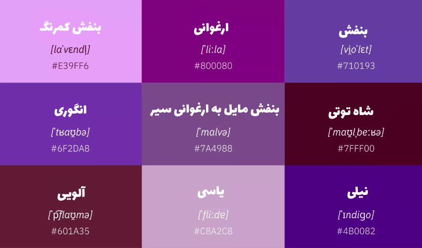 نام انواع رنگ های طیف بنفش به زبان آلمانی