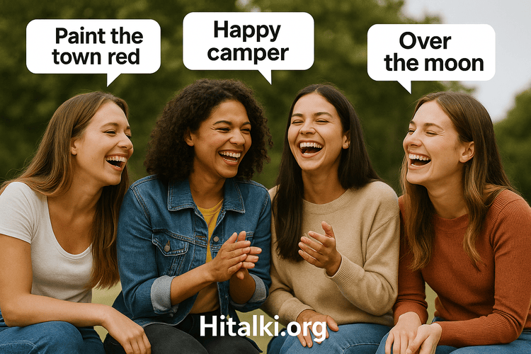 تصویری شاد از چهار دختر جوان که می‌خندند و اصطلاحات انگلیسی با معنی فارسی را نشان می‌دهند