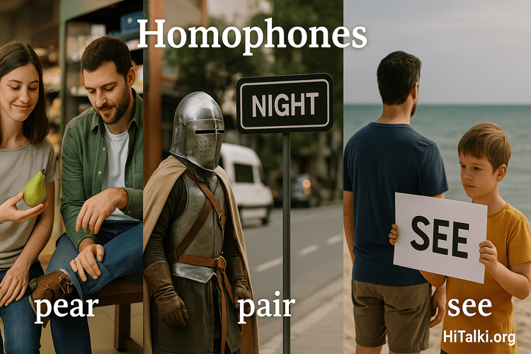 نمایشی واقعی از هم‌آواهای انگلیسی با افراد در محیط‌های روزمره: زنی با گلابی در کنار مردی که کفش امتحان می‌کند (pear/pair)، یک شوالیه کنار تابلوی “night” (knight/night)، و پسری با تابلوی “see” کنار دریا (sea/see)