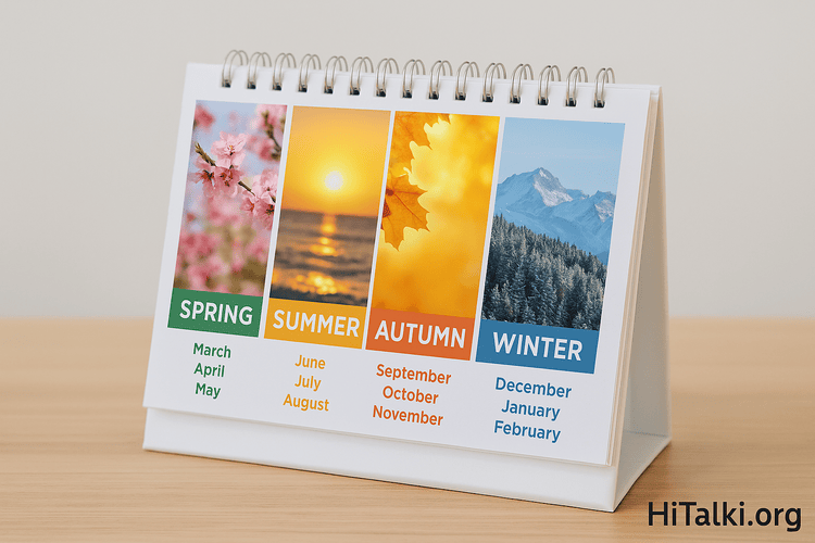 تصویر تقویم میلادی همراه با نام ماه‌های انگلیسی و فصل‌های سال برای یادگیری و آموزش زبان انگلیسی