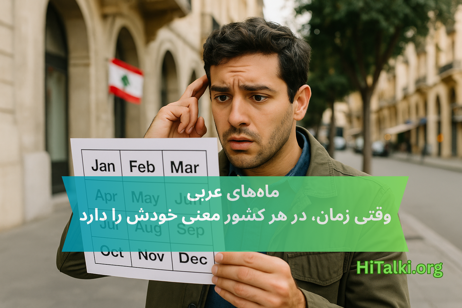 مردی در خیابان‌های لبنان در حال نگاه به جدول خالی تقویم؛ نمادی از تفاوت نام ماه‌ها در زبان عربی