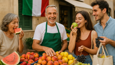 میوه‌فروش خوشحال ایتالیایی در بازار محلی همراه با مردم در حال خرید و خوردن میوه‌های تازه