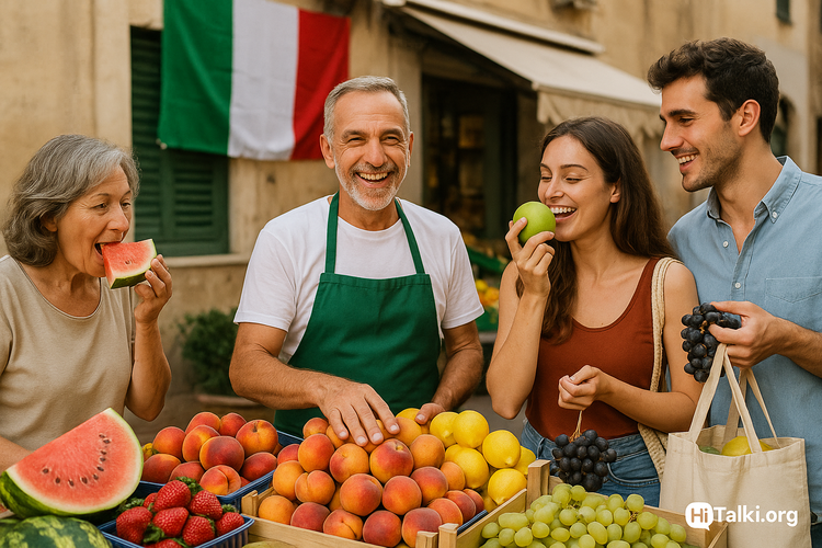 میوه‌فروش خوشحال ایتالیایی در بازار محلی همراه با مردم در حال خرید و خوردن میوه‌های تازه