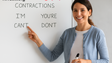 معلم در حال تدریس Contractions در انگلیسی روی وایت‌برد – آموزش شکل‌های مخففcontractions