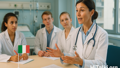 پزشک زن ایتالیایی در حال آموزش اصطلاحات پزشکی ایتالیایی به دانشجویان در بیمارستان