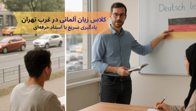 کلاس زبان آلمانی در غرب تهران با حضور استاد مرد و زبان‌آموز مدرس آلمانی به همراه آقا و خانم در کلاس درس آلمانی حضوری محیط آموزشی واقعی