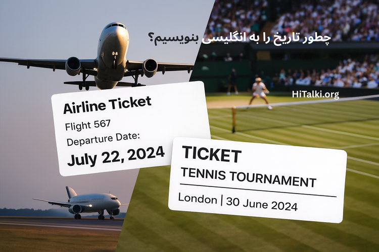تصویر افقی بلیت هواپیما و بلیت مسابقه تنیس با تاریخ سفر و رویداد، مناسب برای آموزش نوشتن تاریخ در انگلیسی