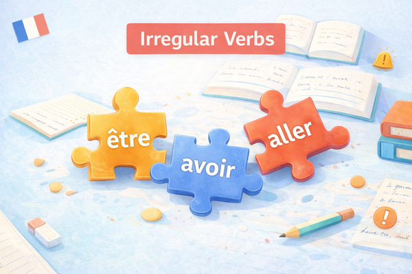 Illustration of French irregular verbs être, avoir, and aller 