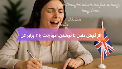 فردی در حال تقویت مهارت اسپیکینگ و رایتینگ انگلیسی با گوش دادن به صوت و لب‌خوانی و نوشتن همزمان