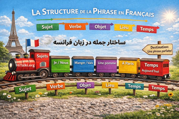 تصویر آموزشی ساختار جمله در زبان فرانسه که ترتیب فاعل، فعل، مفعول، مکان و زمان را نشان می‌دهد