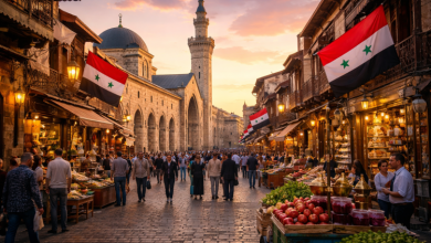 "نمایی از بازار قدیمی دمشق و مسجد اموی، نماد لهجه عربی سوری یا شامی در یادگیری زبان عربی"