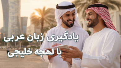 یادگیری زبان عربی با لهجه خلیجی – دو مرد در فضای شهری خلیج در حال مکالمه و یادگیری عربی