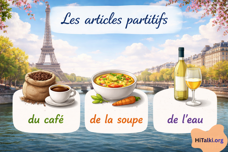 تصویر آموزشی حروف تعریف تجزیه‌ای فرانسه du de la de l همراه با نماد فرانسه