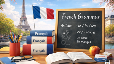 آموزش گرامر زبان فرانسه با نماد فرانسه و برج ایفل