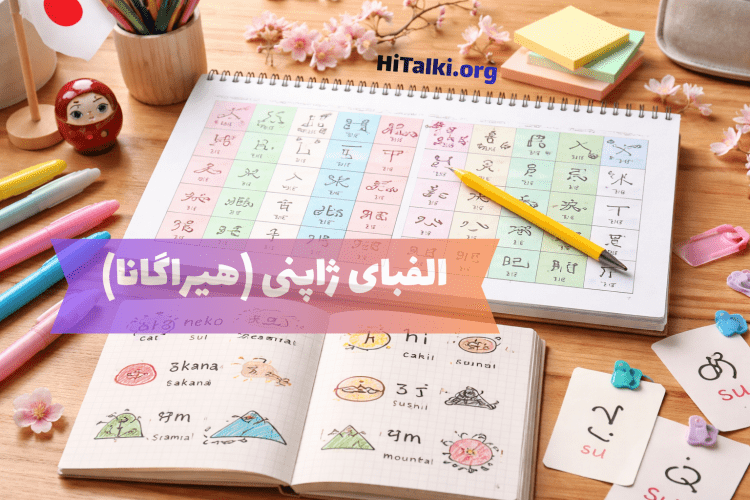 تصویر آموزشی برای یادگیری الفبای ژاپنی (هیراگانا) روی میز مطالعه با دفتر و ابزار یادگیری زبان